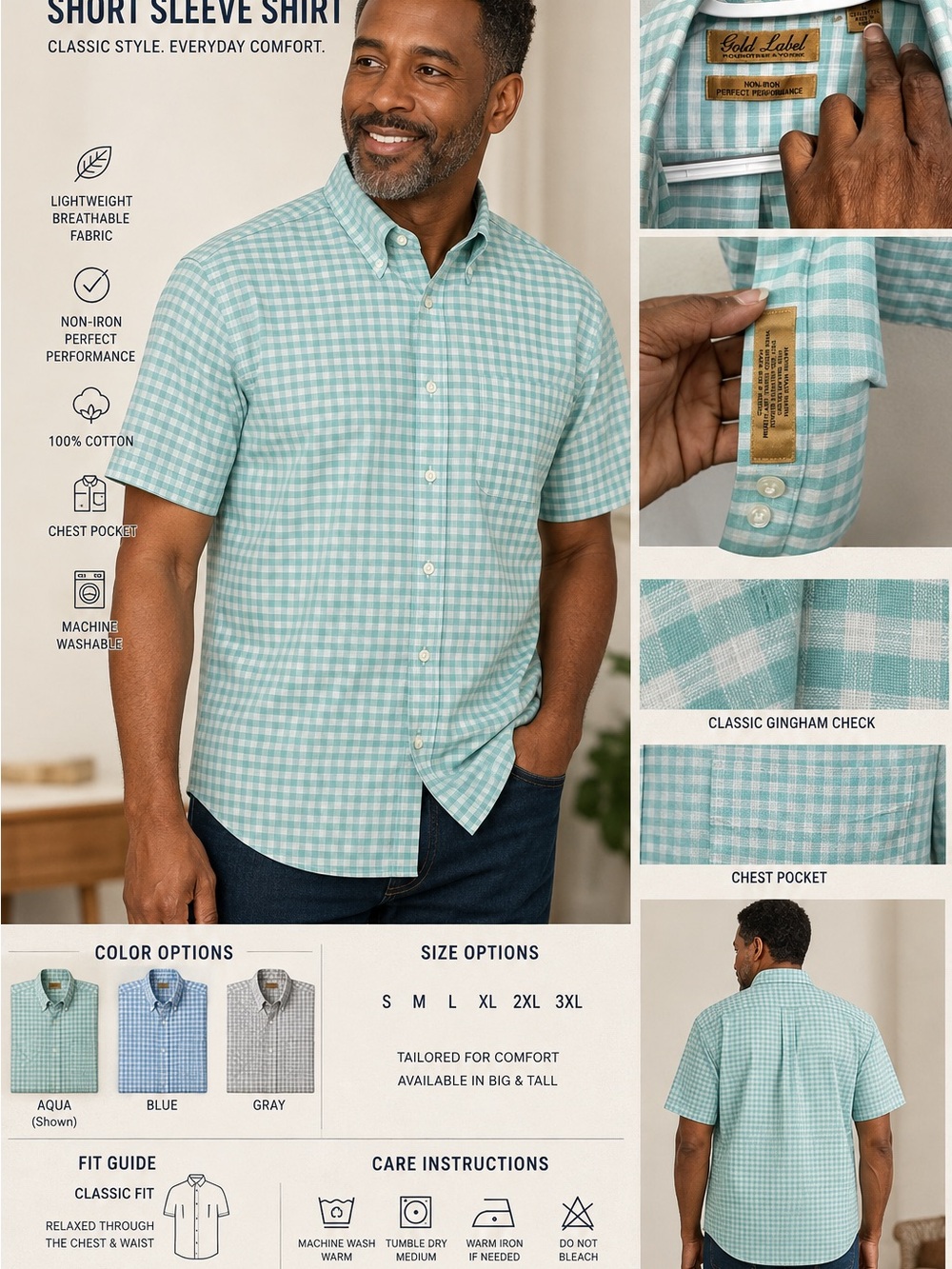 Men’s Aqua Gingham Short Sleeve Shirt-Little stain on collar